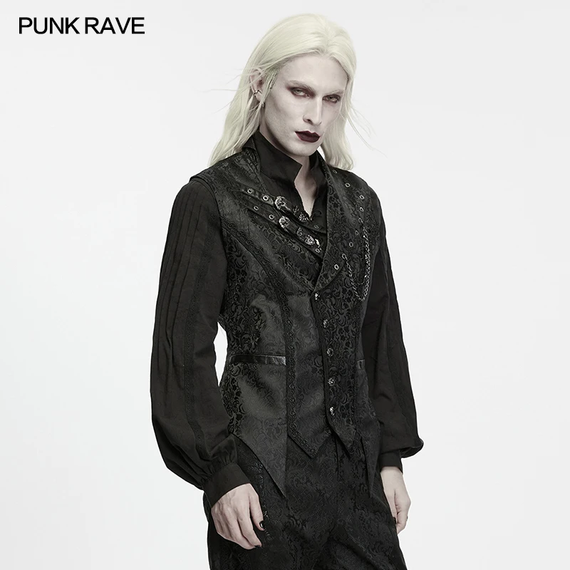 PUNK RAVE Men's Gothic Dark Pattern Jacquard Asymmetrical Strap Vest Vintage Hand-sewn Buttons Irregular Hem Cut Dark Party Top