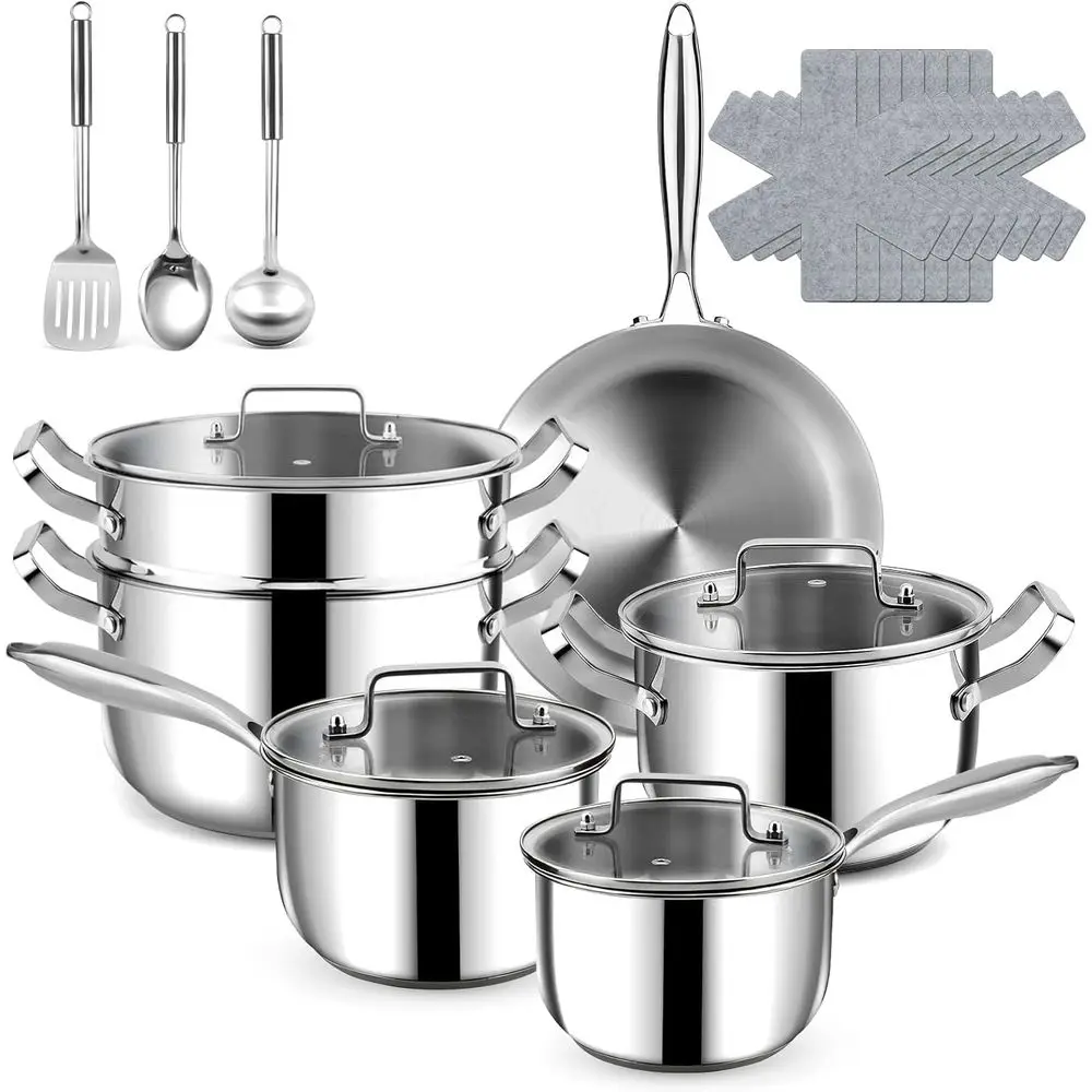 

Набор посуды Stainlokware - 20 предметов, включая 3-слойную сковороду из нержавеющей стали, профессиональный кухонный набор, совместимый с индукционными плитами.