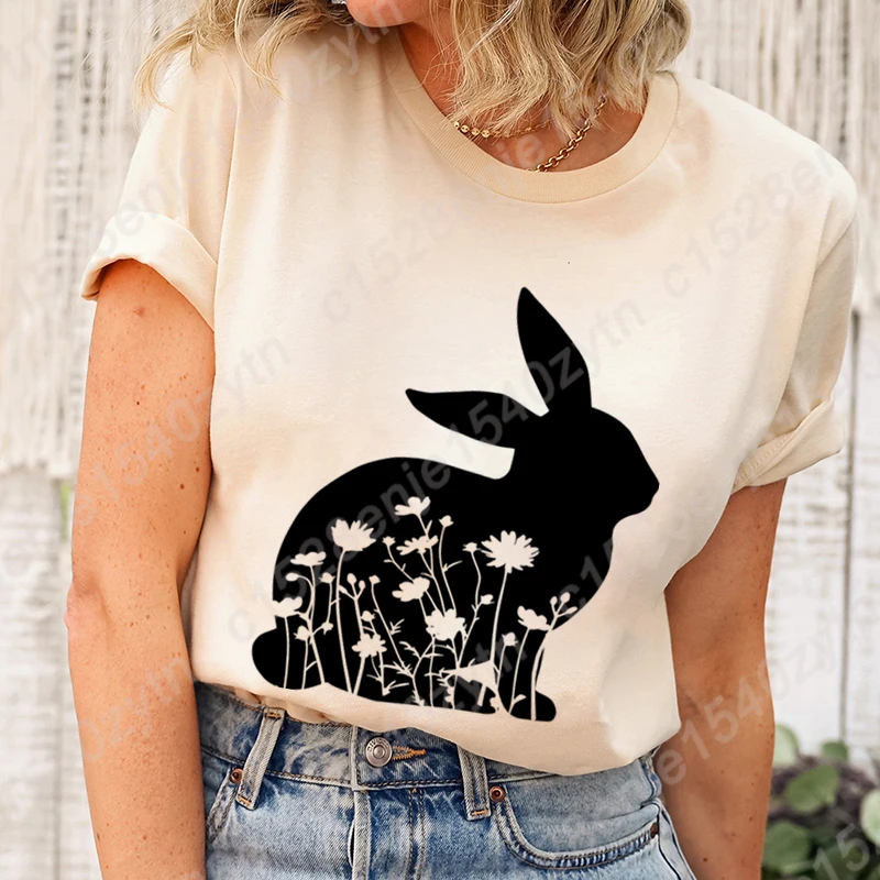 Cute Easter Day Bunny & Flower Print T-shirt Women Short Sleeve Round Neck Tee Shirt Casual Summer Solid Color Tops Soft T Shirt