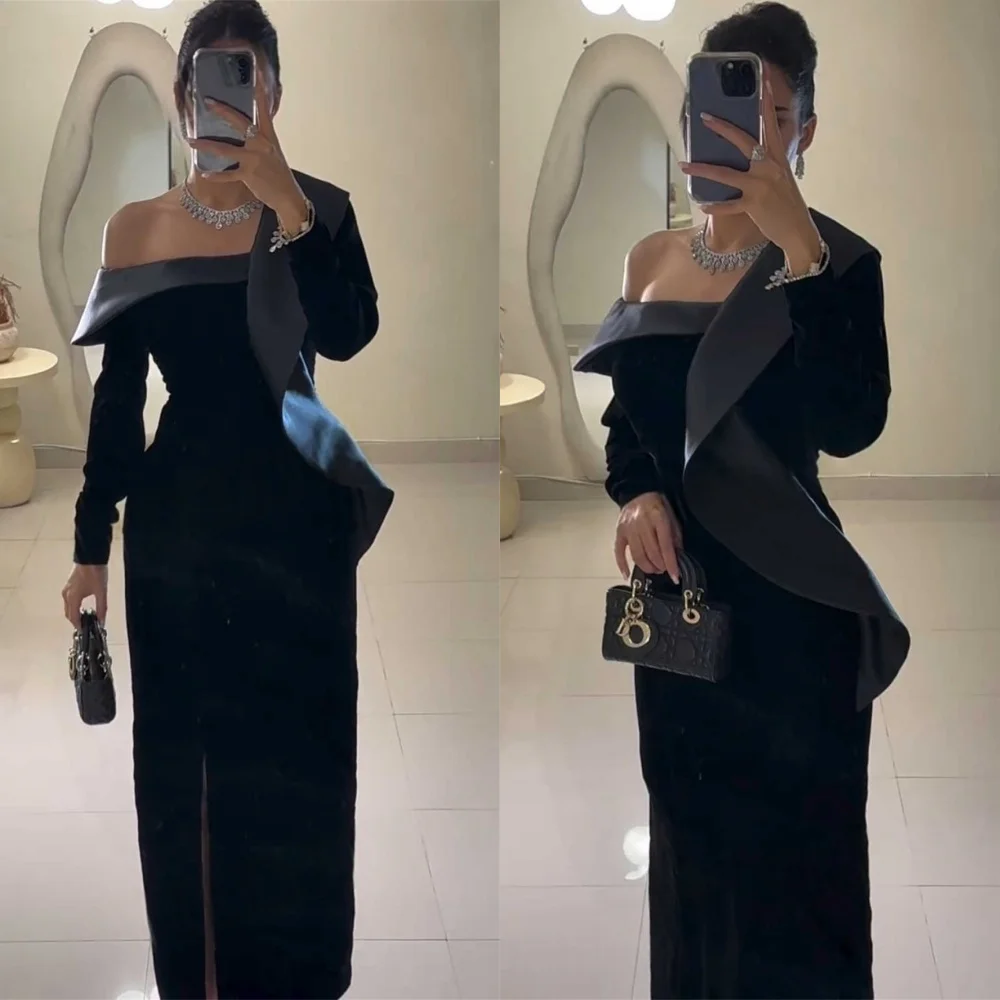 

Customized Temperament Black Jersey Evening Dress Exquisite One Shoulder Long Sleeves Celebrity Gowns Special Occasion Gowns