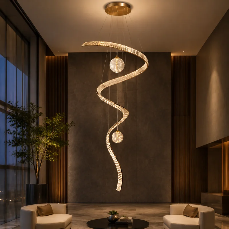 Modern Crystal Spiral Pendant Fixture High Ceiling Staircase Villa Entryway Luxury Designer Sculptural Statement Pendant Lamp