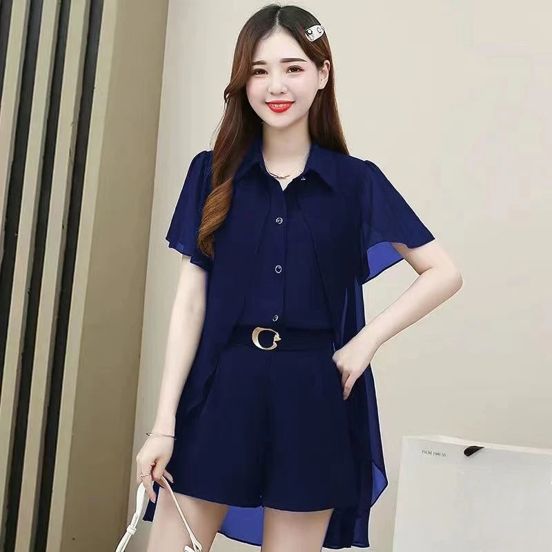 Summer Modern Chinese Style Women's Shorts Set With Fake Two Piece Top Loose Casual Fashion Slimming Solid Color Complete Outfit