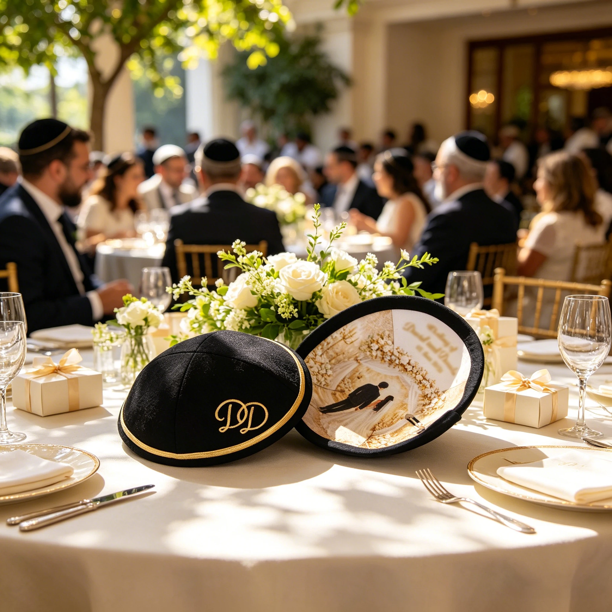 Custom embroidered linen kippah, custom digital printing, ideal for weddings and bar/bat mitzvah ceremonies.