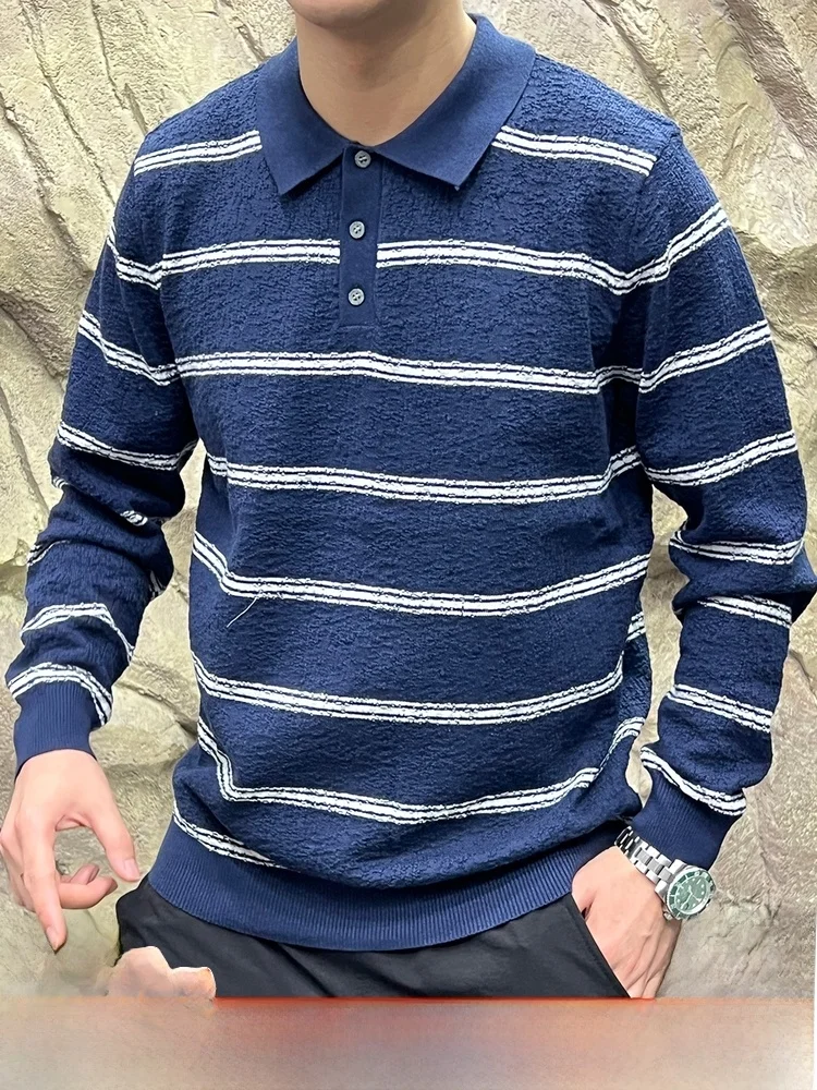 

Knitted Busin Sweater! Retro Stripes! Autumn New Arrival! Men's Collared Breathable Casual Polyester Cotton Blend
