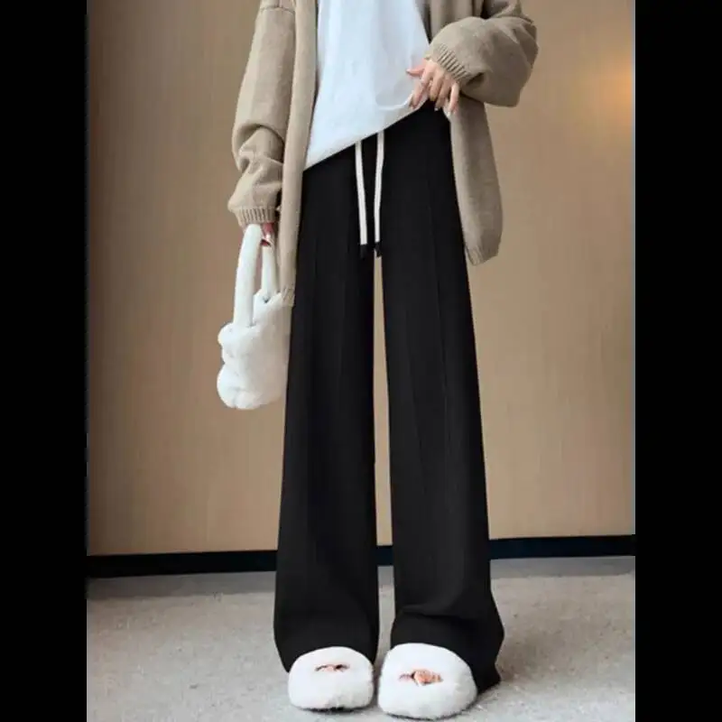 

White Glutinous Rice For Women In Autumn And Winter New High Waist Drooping Casual Narrow Version Wide Leg Length Knitted Pants