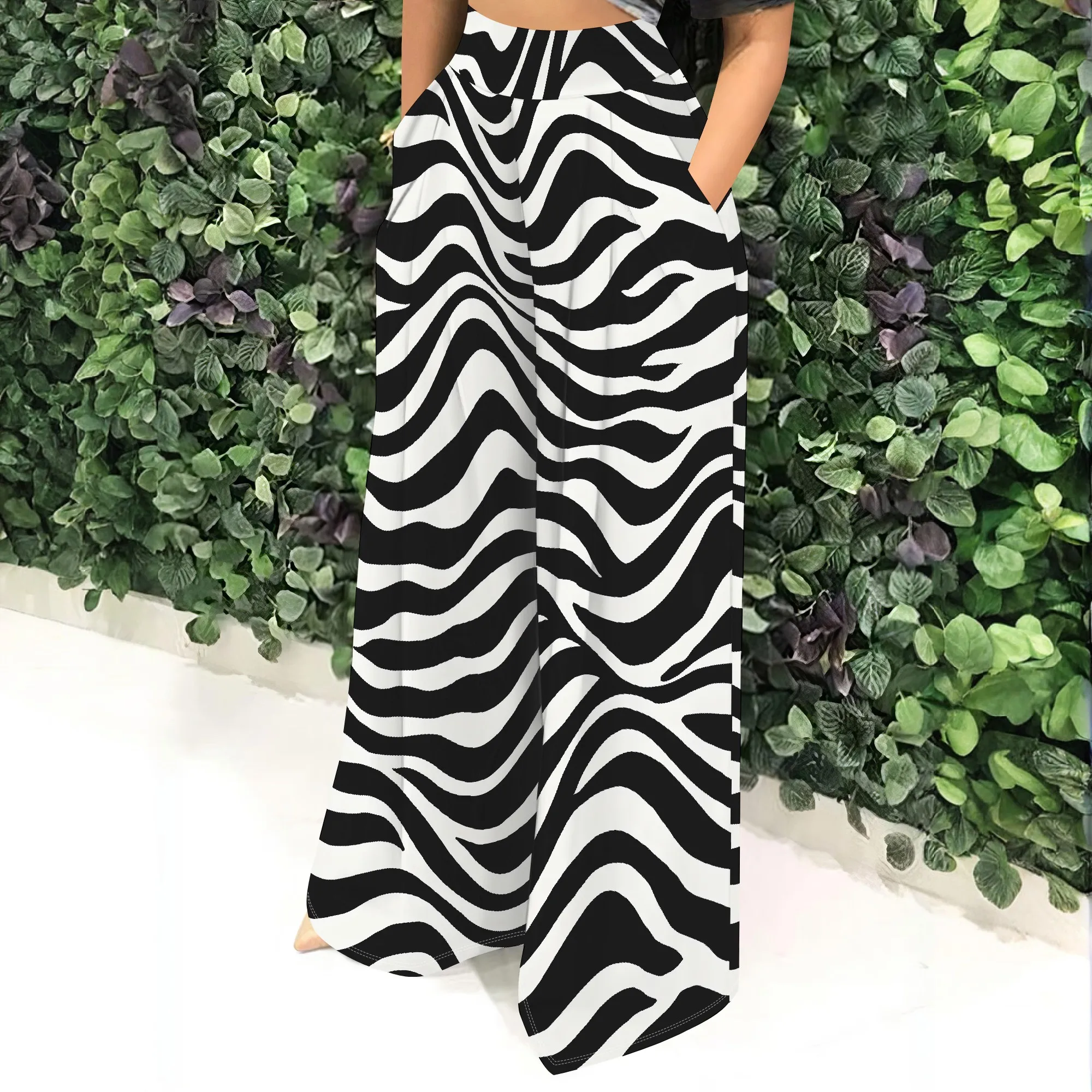 Zebra Print Wide Leg Pants, High Waist Palazzo Trousers, Black White Animal Pattern, Loose Fit Casual Wear for Women, S-3XL