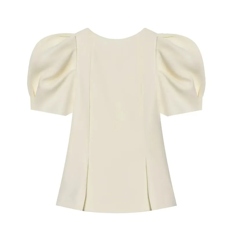 ZOCI Women Fashion Solid Backless Zipper T-Shirts Vintage O-Neck Short Puff Sleeves Female Chic Lady Tops