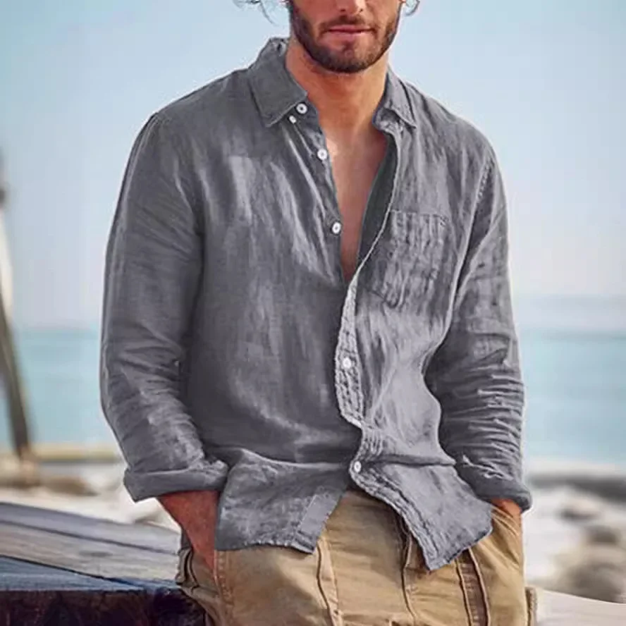LIBIELIY 2024 New Summer Standing-collar Cotton And Linen Casual Shirt Youth Cotton And Linen Solid Color Slim-fit Ordinary Men'