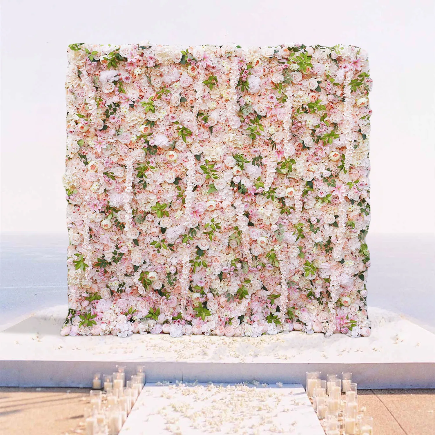 Uflower Wedding Green Pink Rose Artificial Flower Wall Row Arch Backdrop Fake Floral Event Party Props Floral Arrangement Decor