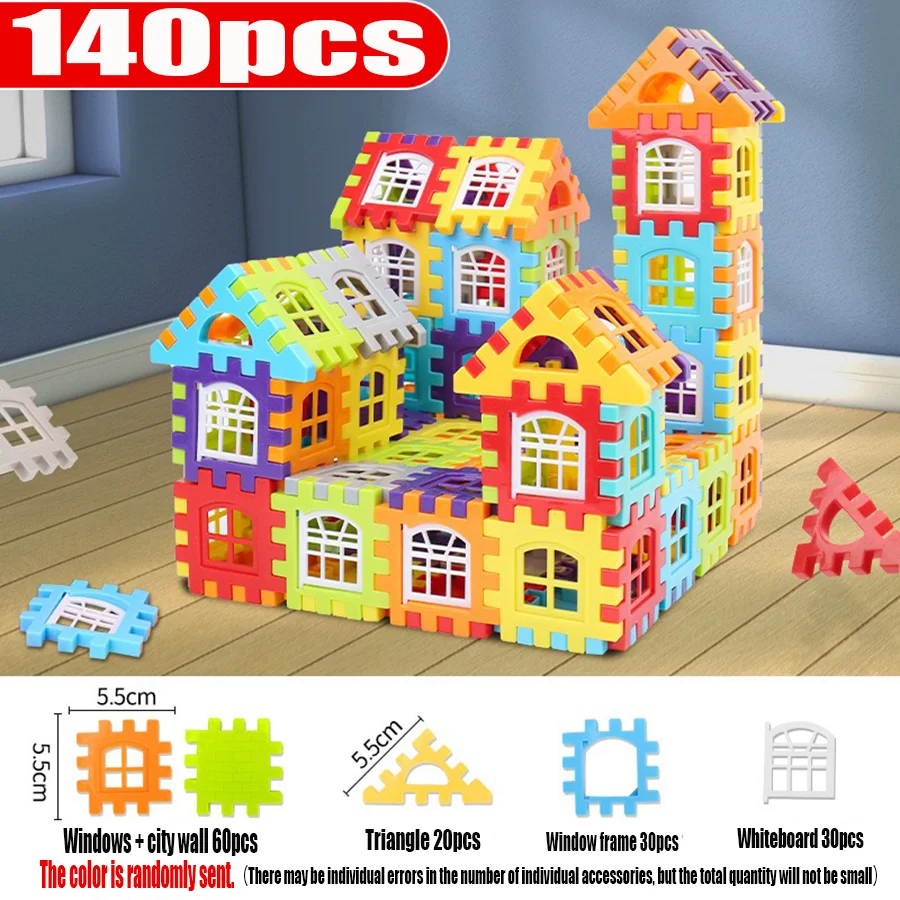 Bouw de bouwsteenpuzzel van het huis. Gratis doe-het-zelf. Kleuterschoolspeelgoed. Educatief speelgoed voor kinderen. Cadeaus voor kinderen