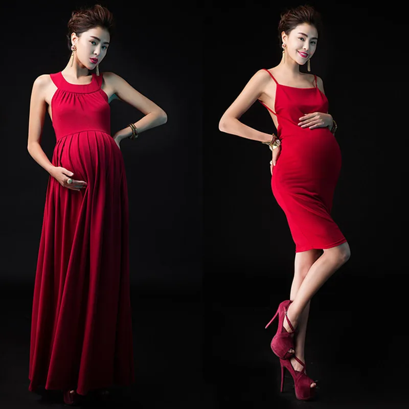

Red Maternity Photography Props Dresses Maxi Gown Clothing Women Pregnant Photo Shoot Long Pregnancy Dress