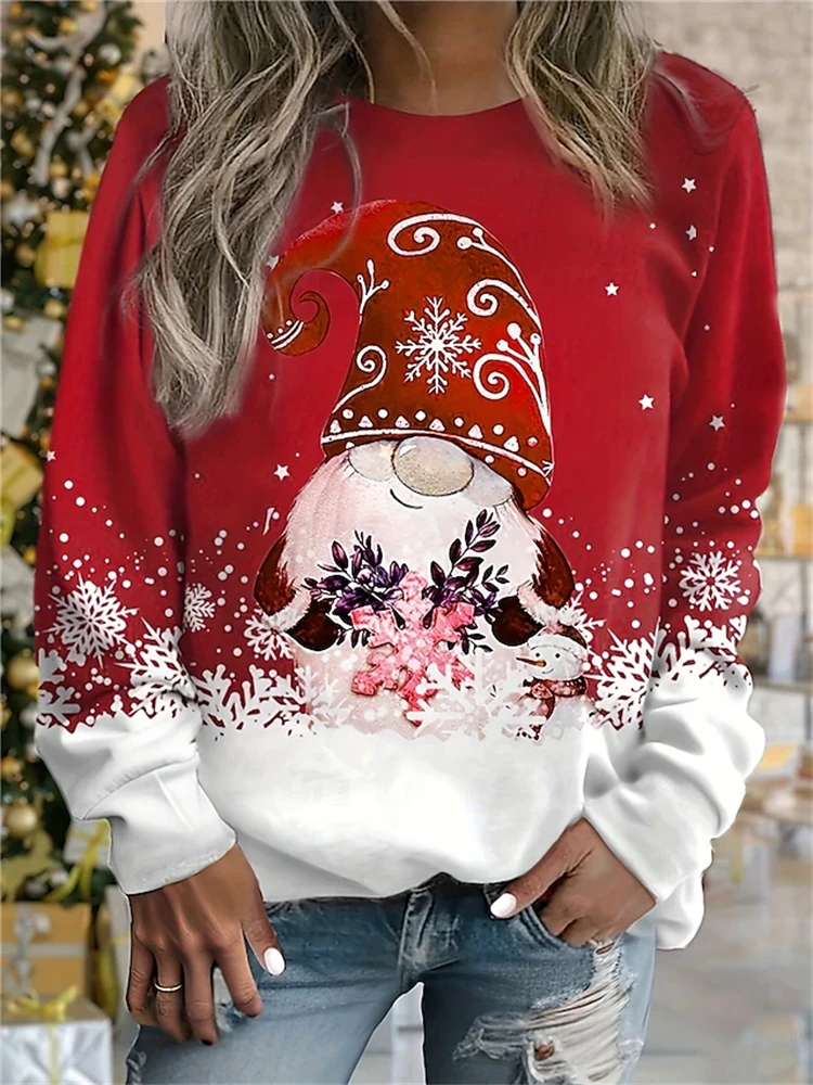 Autumn And Winter New Long-sleeved Loose Hoodie 3D Snowflake Elf Print Top Women's Crewneck Sweatshirt Christmas Clothing Hoodie