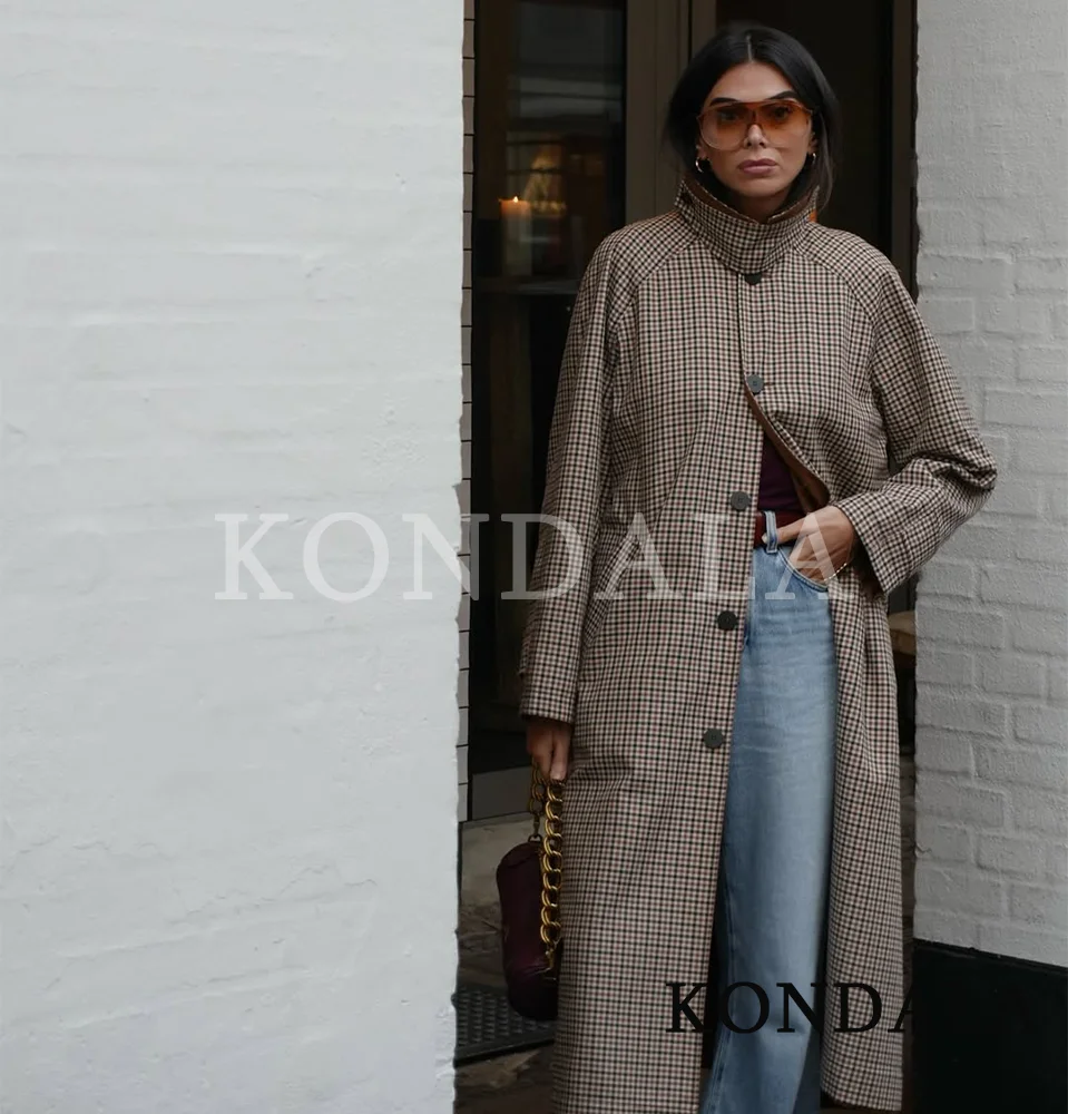 

KONDALA Women Fall Elegant Trench Coat Wear Both Sides Classic Plaid or Solid Coat 2025 Autumn Winter High Street Commute Coat