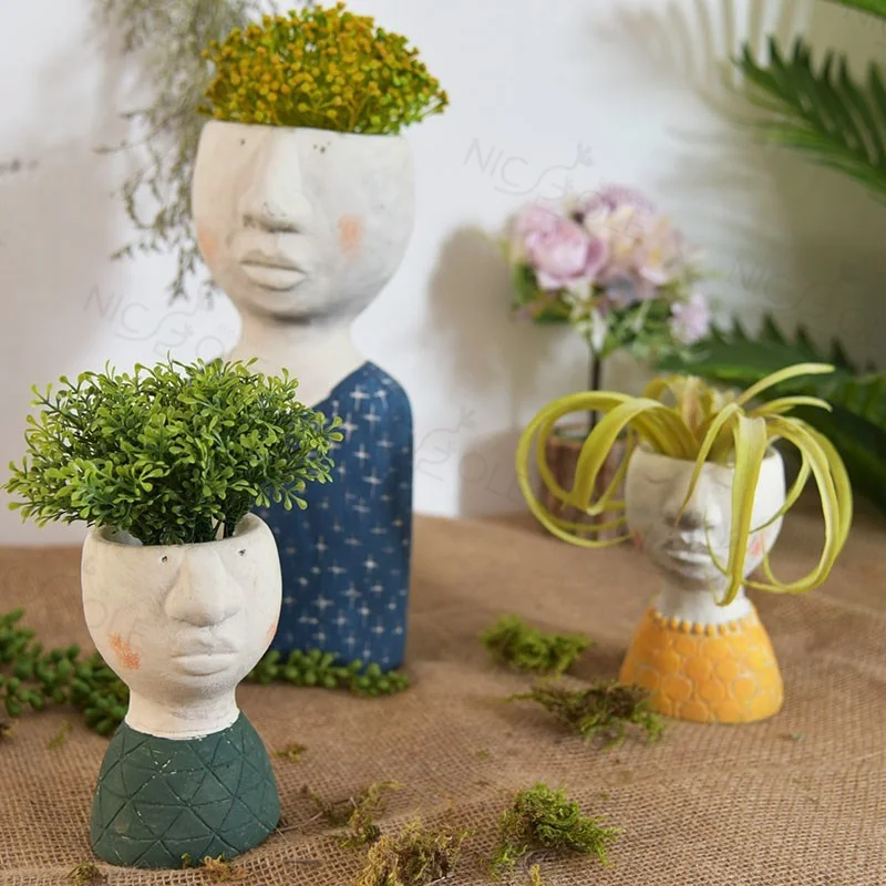 Nordic Home Decor Art Portrait Mould Human Face Cement Vase Concrete Flower Pot Planter Silicone Mold