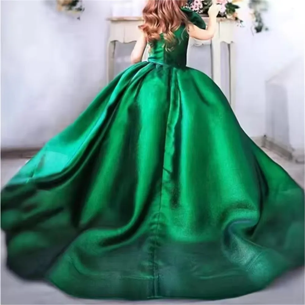 

White Satin Flower Girl Dress For Wedding Off Shoulder Applique Beading Elegant Birthday GIFT Pageant First Communion Gowns