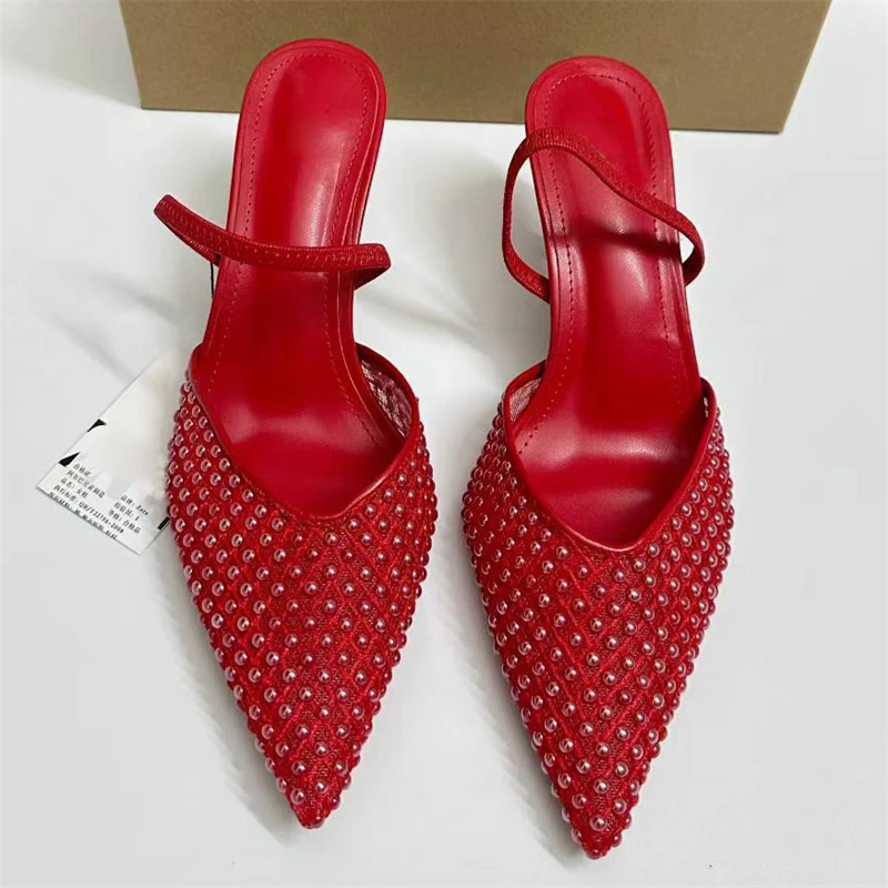 New Design Pearl Breathable Mesh Women Pumps Sexy Thin High Heels Pointed Toe Mule Shoes Fashion Banquet Prom Sandals view 5