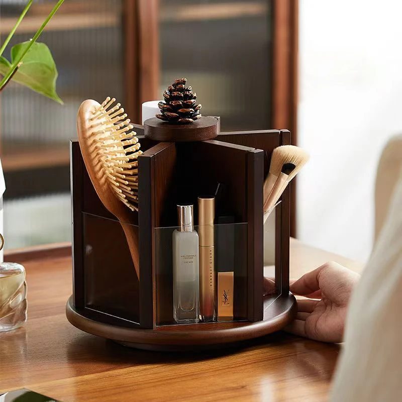 High-End Customized Large Capacity Rotatable Rectangle Portable Desktop Storage Form Novel Wooden Jewelry Box Convenient Jewelry