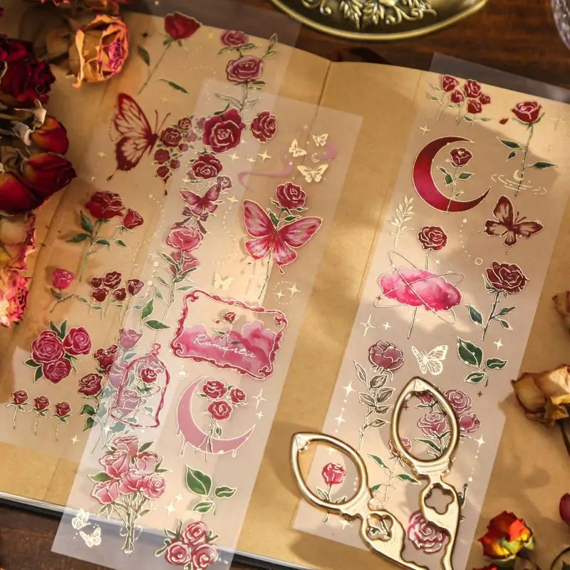 Rose Revelation PVC Three-dimensional Bronzing Flat Stickers Hand-painted Floral Manual Ledger Material Decorative Stickers