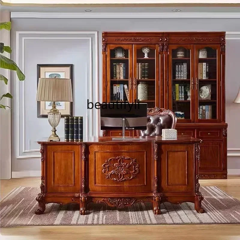 

ls 27American solid wood desk European classical carved writing boss desk luxury computer desk