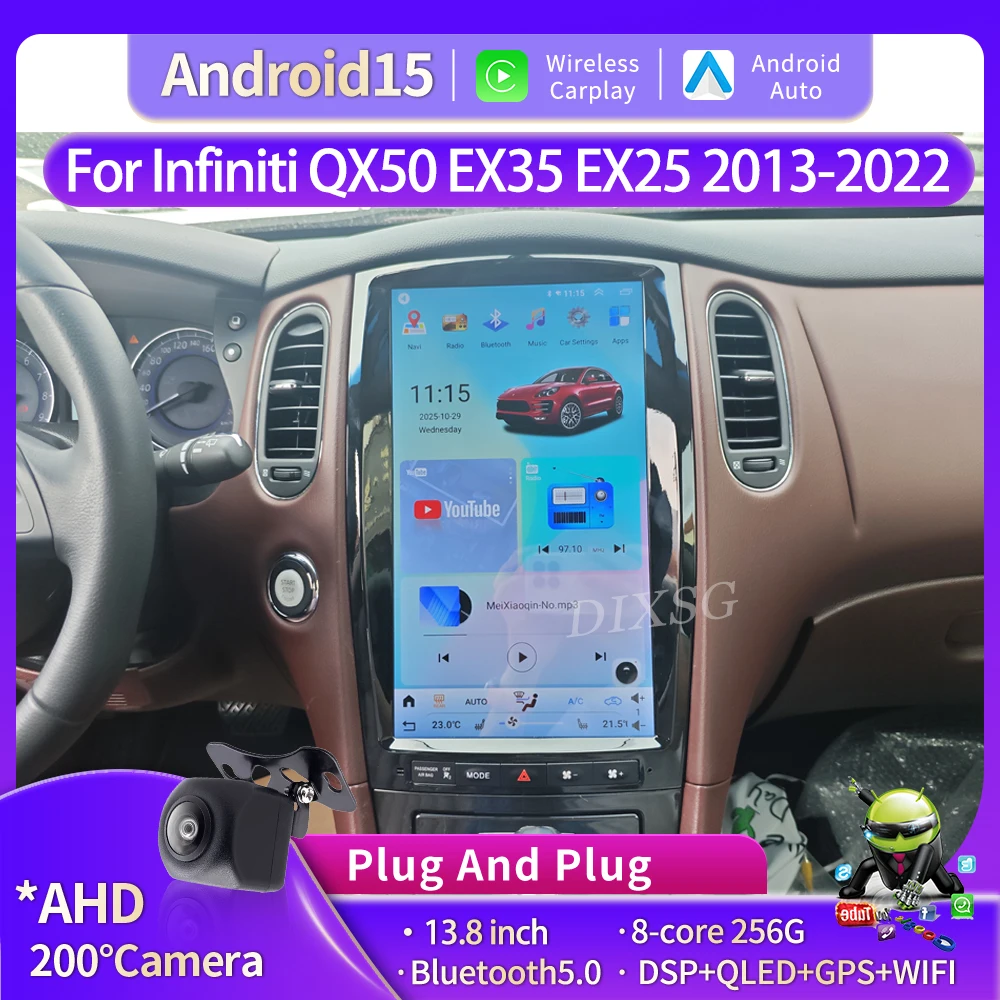 13,8 дюйма Android 15 для Infiniti QX50 QX70 EX35 EX25 EX37 2013-2022 Автомобильный мультимедийный стереоплеер 4G GPS Carplay BT Head Uni