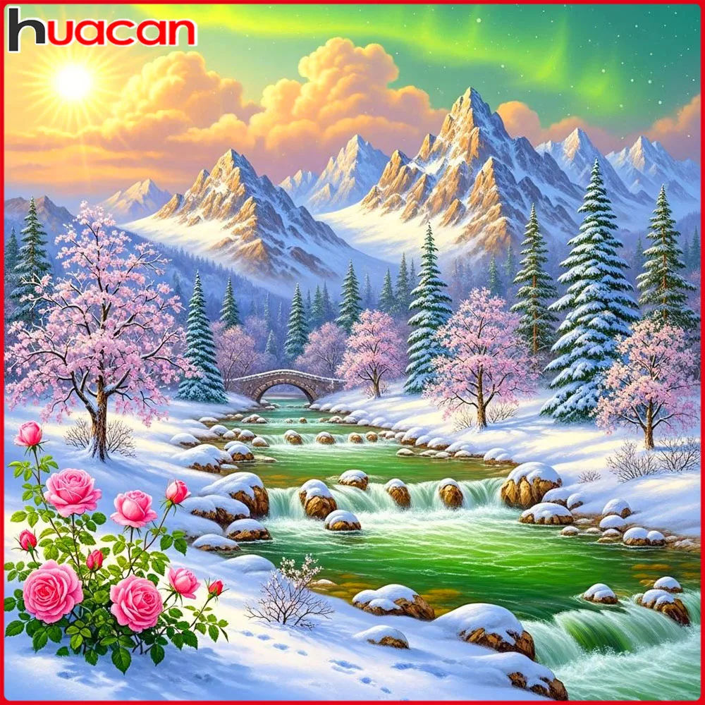 Huacan 5D DIY Diamantmalerei Blumen Winterberg Diamantstickerei Landschaft Neue Kollektion Dekorative Gemälde