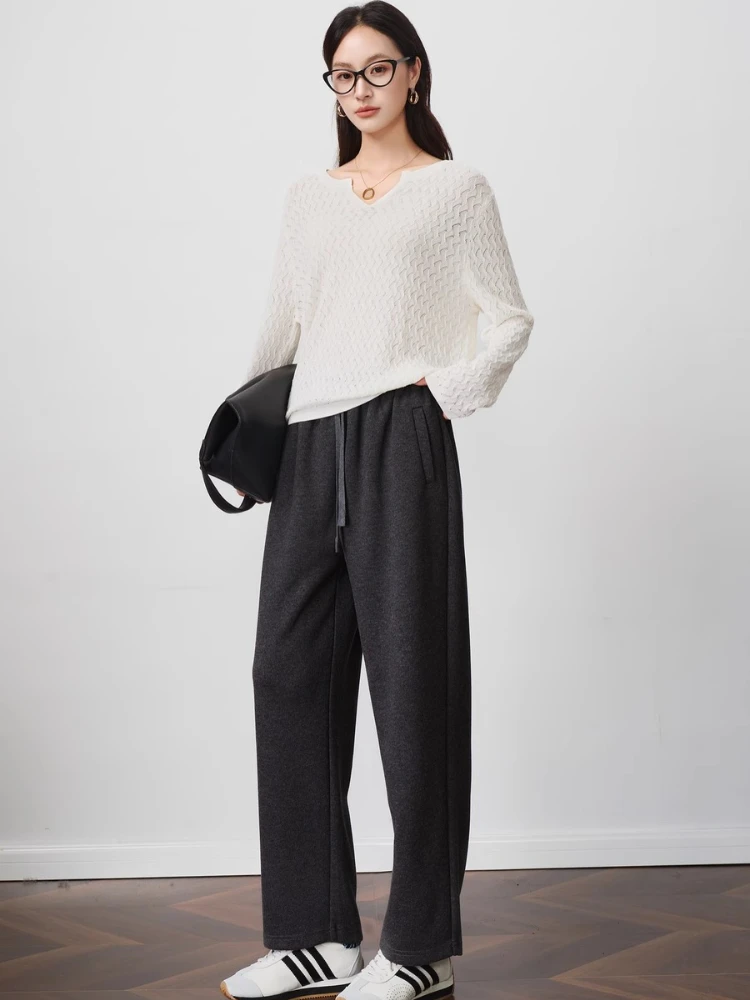 

OLrain Casual Straight Pants Solid Commute Knitted Pant 2025 Autumn New Drawstring Elastic Waist Versatile Trousers O57QK001132