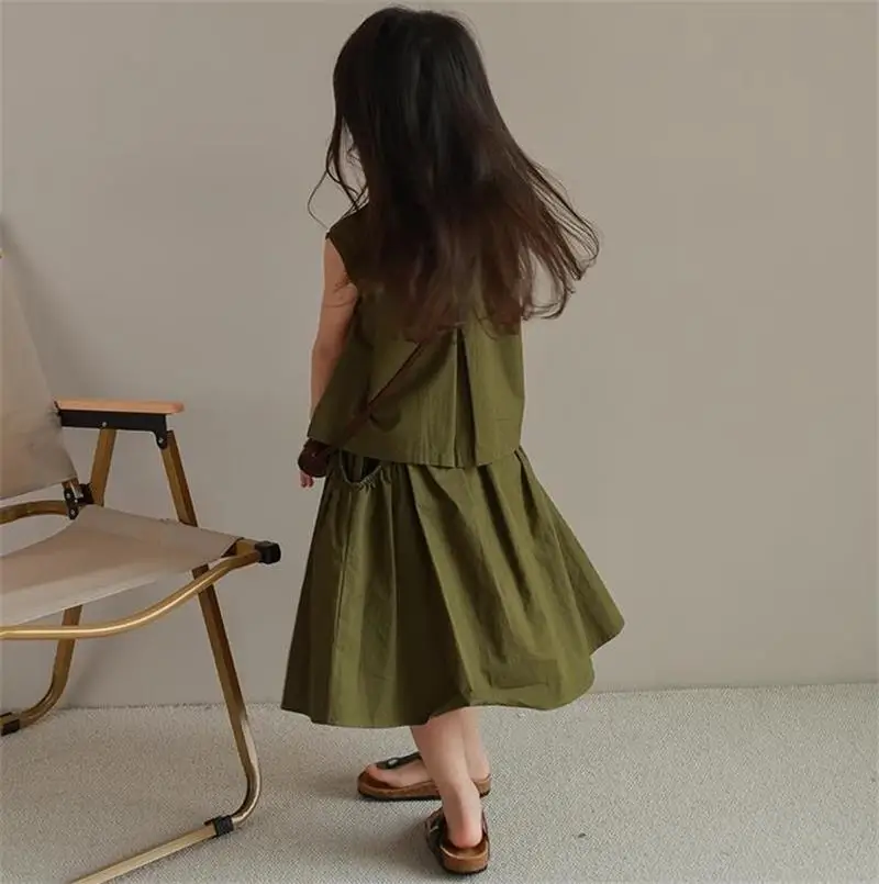 Humor Bear Girls Summer Clothing Stand-up Collar Single-breasted Preppy Top And Skirt Children's Clothing Two-piece Set image 2