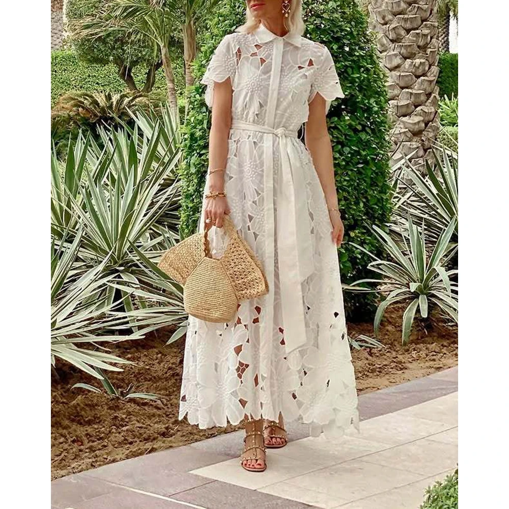 

Women's Hollow Out Floral Patten Tie-Belt Turn-down Collar Ruched Dress Short Sleeve Loose Fit‌ Summer Long Dress