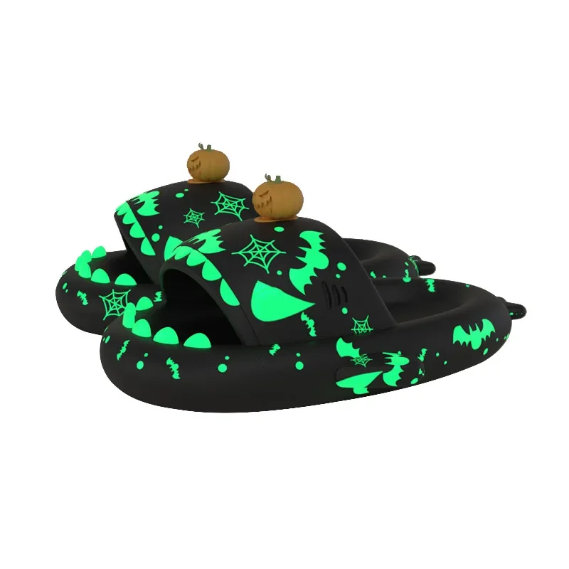 

Halloween Pumpkin Night Light Shark Slippers Women Luminous Sandal Couple Home Non-slip Creative Slides Men Outside Flip Flops