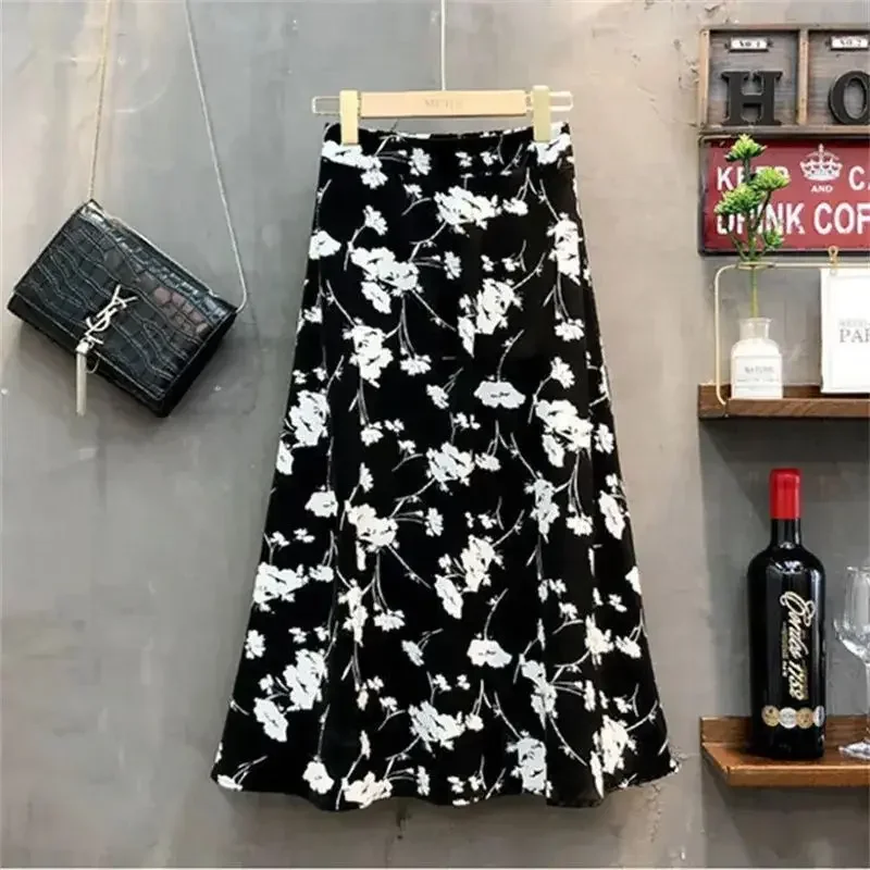 Prairie Chic Skirt Women Fashion Basics Chiffon Floral Print A-line Korean Loose Slim High Waist Casual Skirts