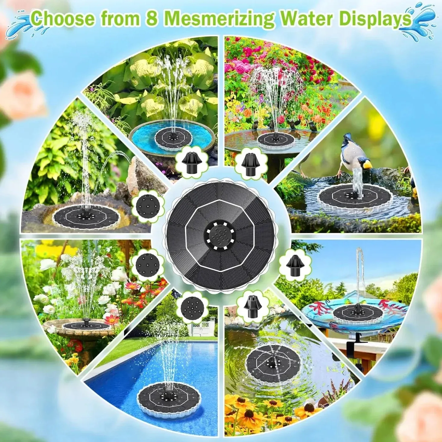 3,5W Solar-Vogelbadbrunnen mit bunten LED-Lichtern, eingebauter Batterie, 8 Düsen, 4 Schutzstangen, ideale Dekoration für Gartenteiche – Detail 7