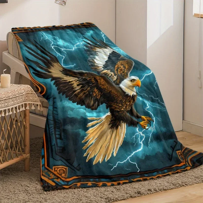 Universal Machine-Washable Polyester Fleece Retro Blue Lightning Eagle Print Flannel Throw Blanket - Warm Soft