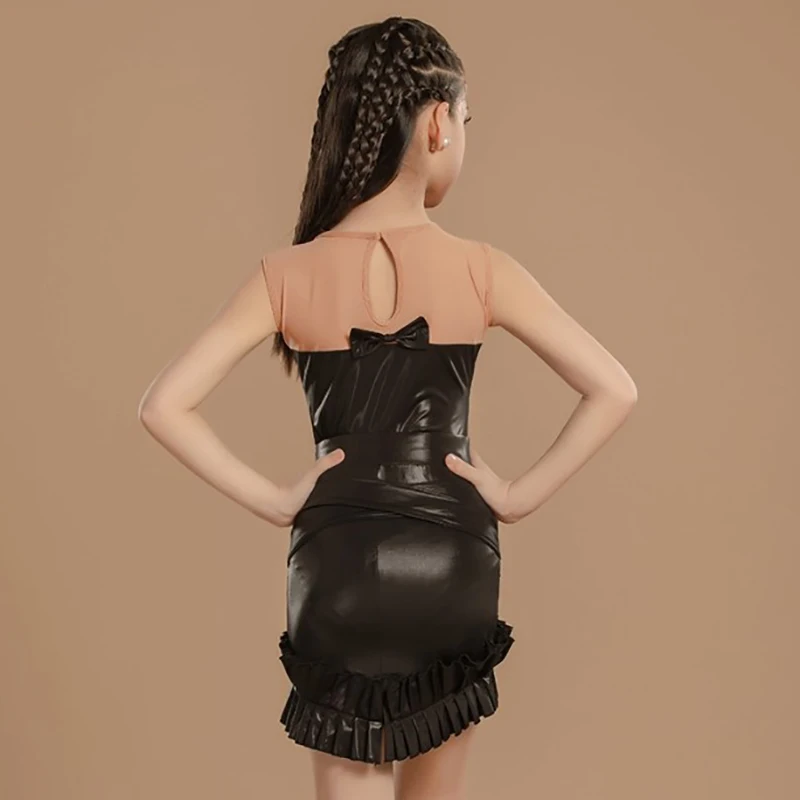 

Children Latin Dance Costume for Kids Girls Bowknot Mesh Sleeveless Leather Bodysuit and Skirts Ballroom Dancewear Training Set