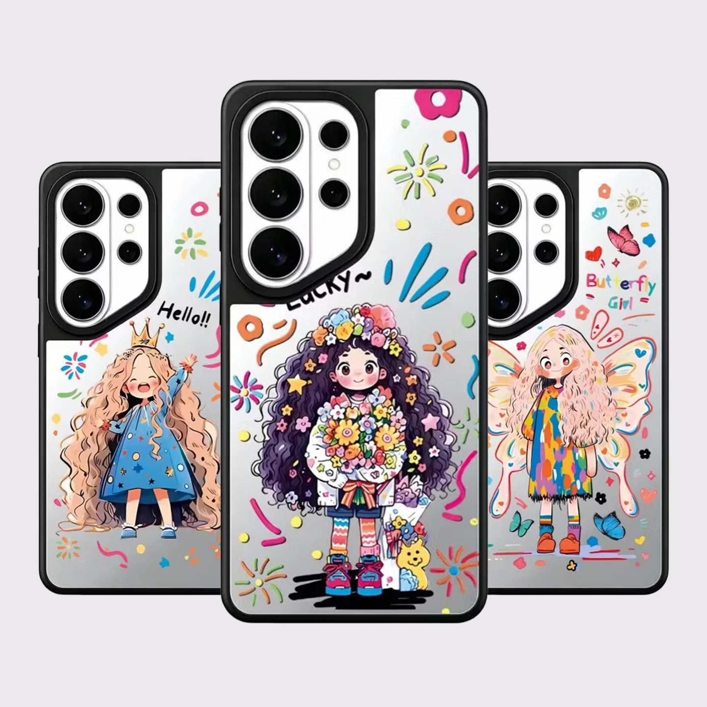 Cartoon Curly Haired Girl Mirror Surface Magnetic Phone Cover for Samsung Galaxy S23 S24 S25 S26 Ultra S26+ Plus Case