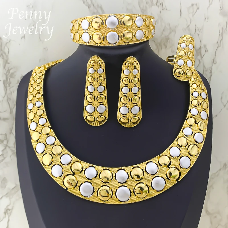 

Two Tones Textured Round Collar Necklace Drop Earrings Bracelet Ring Choker Gold Plated Jewelry Set Bridal Wedding Party Gifts