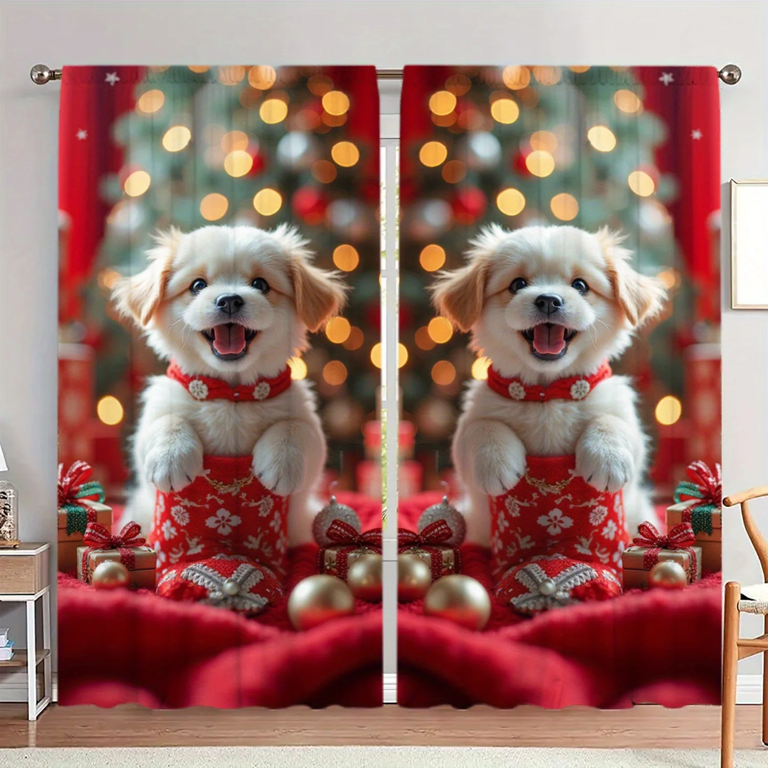 Luxurious Xmas Christmas Curtains Dog Poodle Family Holiday Window Drapes Festive Red Puppy Lover Seasonal Decor Curtain Panel