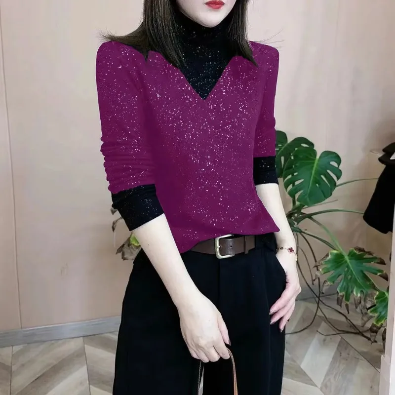 

Модная полуводолазка со звездами и пайетками, теплая и стильная нижняя рубашка в корейском стиле, топ