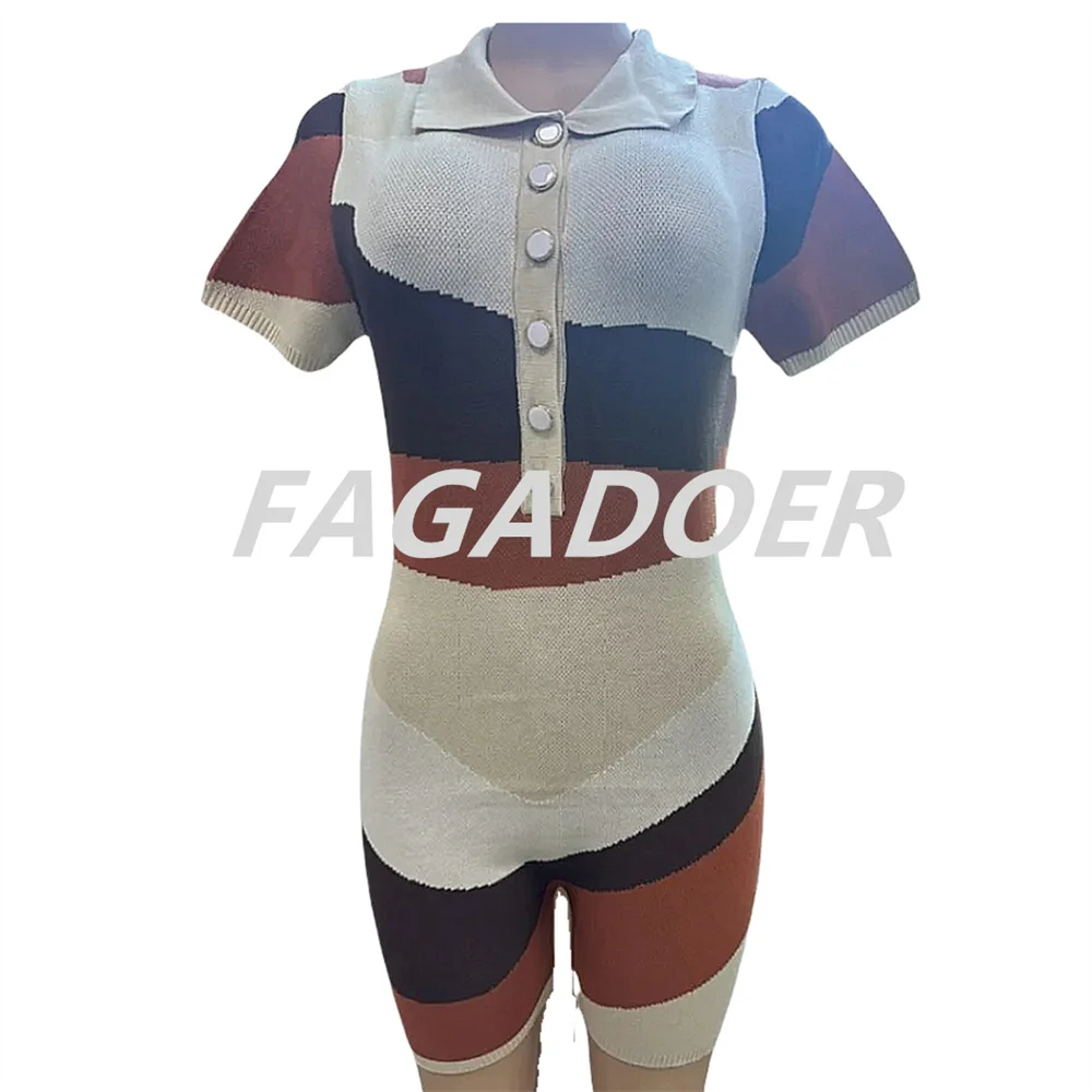 FAGADOER moda tejido Color costura ceñido al cuerpo mamelucos mujeres cuello en V botón manga corta monos de una pieza monos femeninos