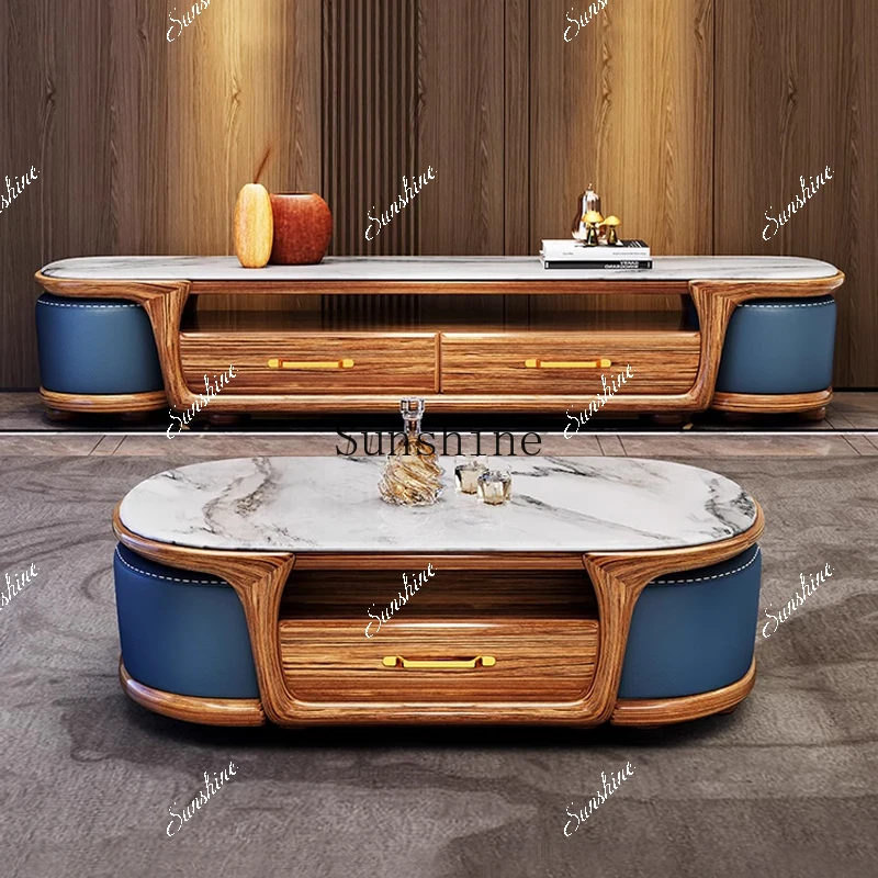 Modern ebony living room solid wood tea table with stool marble  FT