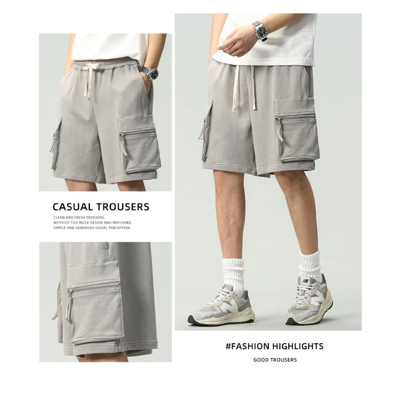 Men Japanese Style Loose Straight Multi Pocket Knit Casual Five Length Shorts Fashion Streetwear Daily Summer Pants