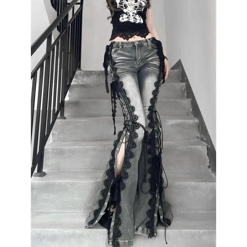 سراويل نسائية منخفضة الارتفاع بفتحات ربيعية وأربطة جينز مضيئة بغرز كلاسيكية من الدانتيل قيعان جرس رفيعة ملابس الشارع