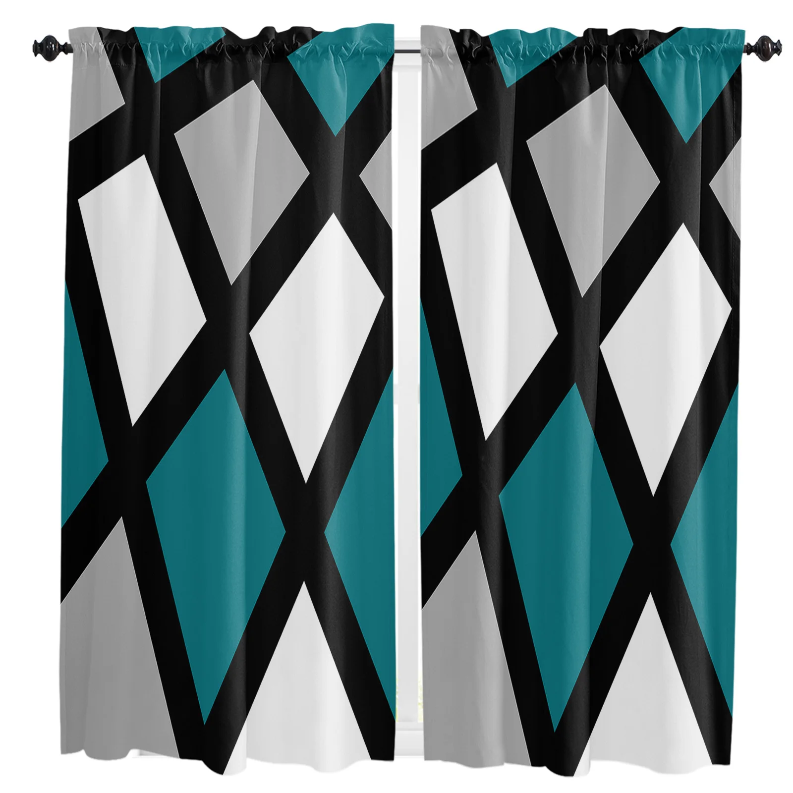 Blue Green Black Grey Geometric Square Curtain Home Decoration Living Room Short Curtains Window Treatments For Kitchen Bedroom