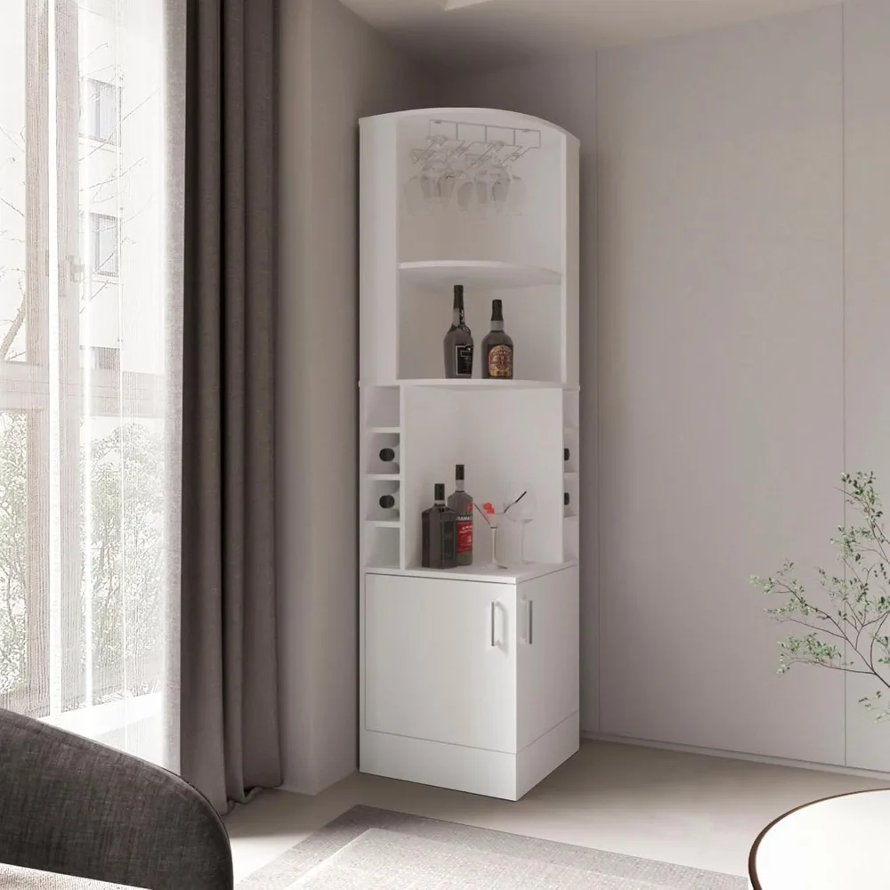 خزانة بار زاوية بيضاء مع رف زجاجي وأبواب مزدوجة وثمانية رفوف نبيذ مدمجة