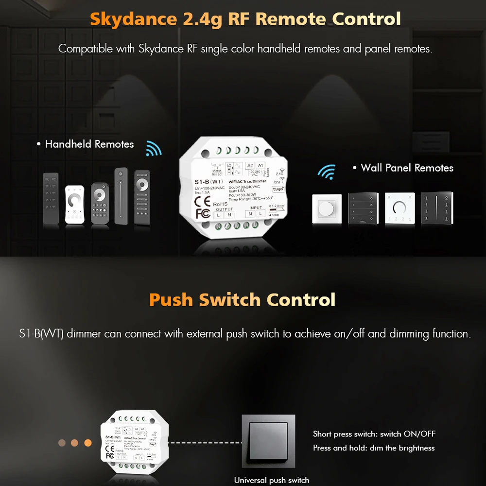 Tuya WiFi AC Triac LED Dimmer Push Switch 110V 220V 230V Smart Life APP Wireless Touch Panel Remote Control for Alexa Google