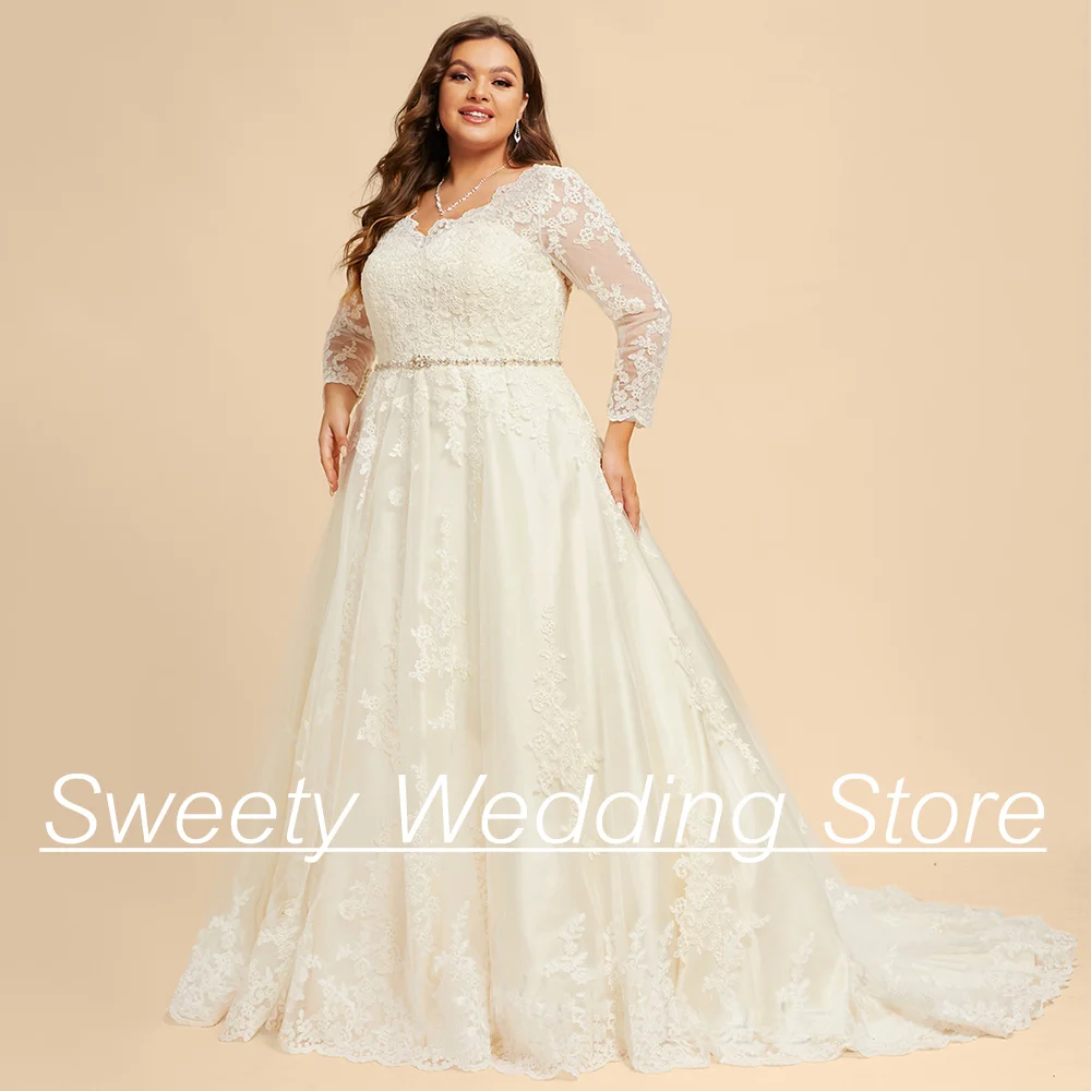 

Gorgeous A Line Wedding Dress Plus Size Full Sleeves V Neck Beading Belt Sweep Train Custom Size Bridal Gown Vestidos De Novia