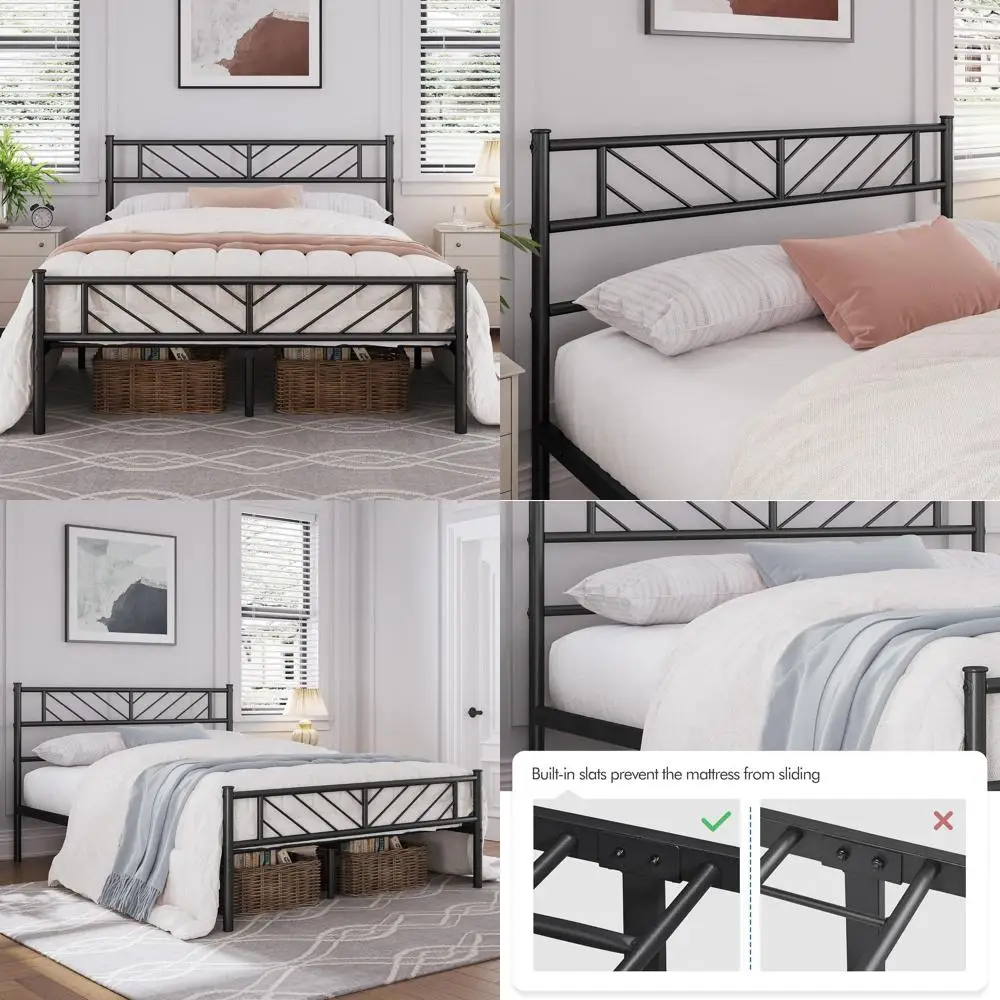 

Черная современная полноразмерная кровать-платформа со стрелочным изголовьем и 13-металлическим основанием для хранения, коробчатая пружина не требуется, простая сборка