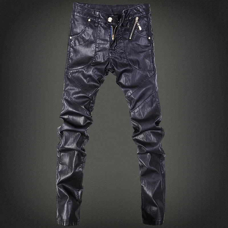 YASUGUOJI New 2023 Outdoors Pu Leather Pants Men Brand Fashion Skull Tag Patchwork Mens Skinny Motorcycle Leather Jeans Men