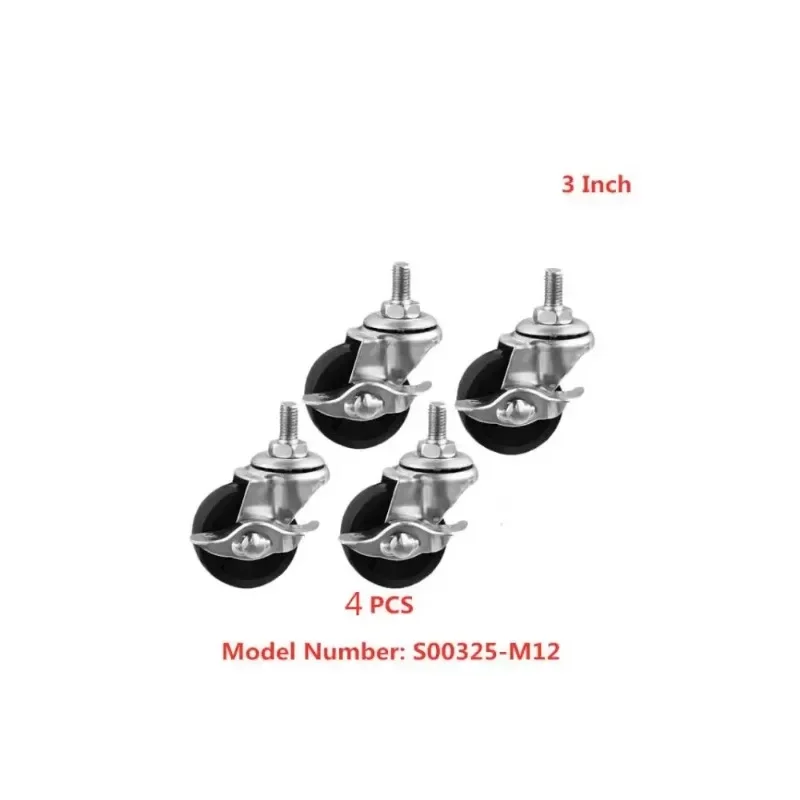 4 Pcs Casters 3 Inch Black PP Screw Caster With Brake M12 Side Wheel Baking Tray Rack Universal Bearing 150KG