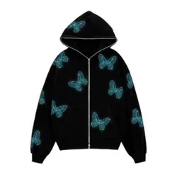 Sudadera con capucha gótica con estampado de mariposa para hombre y mujer, ropa de calle Harajuku Y2k, sudadera con cremallera negra, Chaqueta larga Harajuku