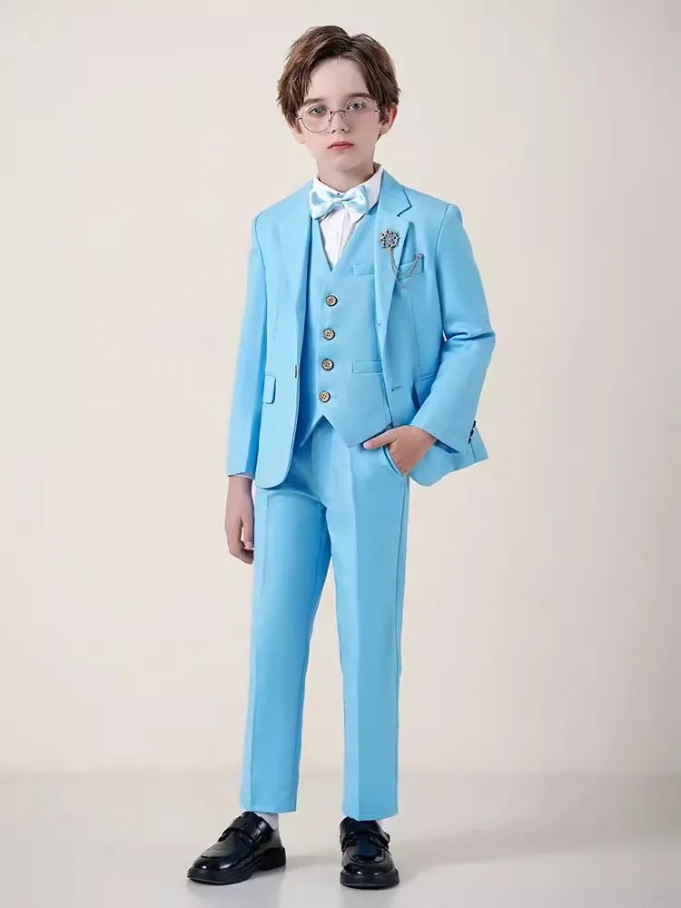 Children Sky Blue Photography Suit Boys Jacket Vest Pants Bowtie 4PS Ceremony Costume Prince Kids Birthday Wedding Tuxedo Dress